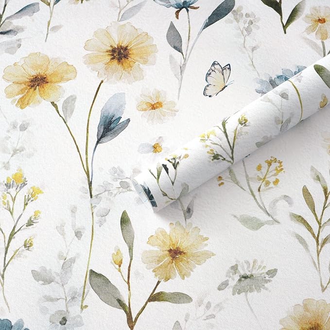 Ismoon Floral Peel and Stick Wallpaper Boho Wallpaper 17.3in x 6.56ft Blue and White Contact Paper Watercolor Flower Removable Wall Paper for Bedroom Nursery Kitchen Girls Room Vinyl by Ismoon