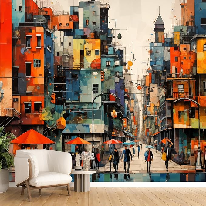 Zeeko Colorful Modern City Wall Murals 3D Peel and Stick 148" W x 98" H | Hand Painted City Wallpaper Removable Graffiti Wall Paintings People Building Abstract Wall Decor for Bedroom Bathroom Office by Zeeko