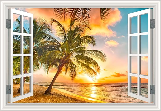 Fake Window Wall Decal- Summer Beach Ocean Coconut Trees Open Art Sticker | Faux Window Natural Scenery Landscape Mural ｜ Stick and Peel Wall Decals｜Room Bedroom Office Decor｜48"x32",Set of 2 Sheets by Clickhere