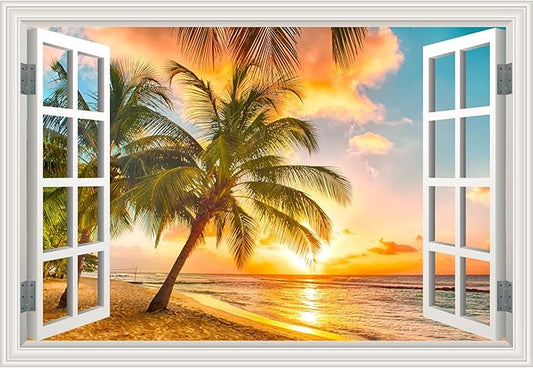 Fake Window Wall Decal- Summer Beach Ocean Coconut Trees Open Art Sticker | Faux Window Natural Scenery Landscape Mural ｜ Stick and Peel Wall Decals｜Room Bedroom Office Decor｜48"x32",Set of 2 Sheets by Clickhere