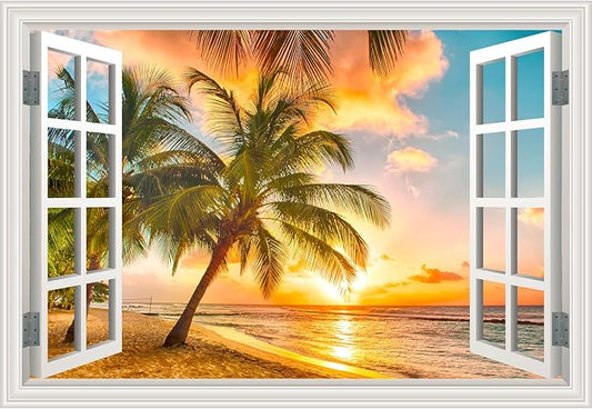 Fake Window Wall Decal- Summer Beach Ocean Coconut Trees Open Art Sticker | Faux Window Natural Scenery Landscape Mural ｜ Stick and Peel Wall Decals｜Room Bedroom Office Decor｜Large Murals 66"x48" by Clickhere