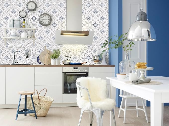 Peel and Stick Wallpaper Blue Wallpaper for Kitchen 16.9" x 196.8" | Blue Geometric Wall Paper for Bathroom Waterproof Boho Self Adhesive Removable Contact Paper Backsplash Decorative Vinyl - Image 4