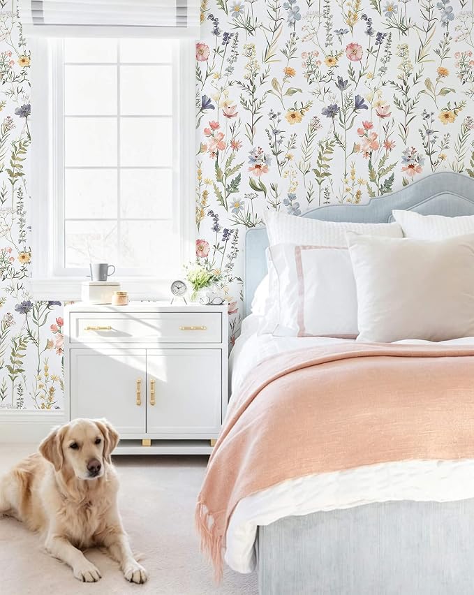 Dimoon Boho Peel and Stick Wallpaper White Floral Contact Paper 17.3x394in |Purple Wildflower Botanical Renter Friendly Removable Self Adhesive Stick on Wall Paper Decor for Bathroom Bedroom Vinyl - Image 3