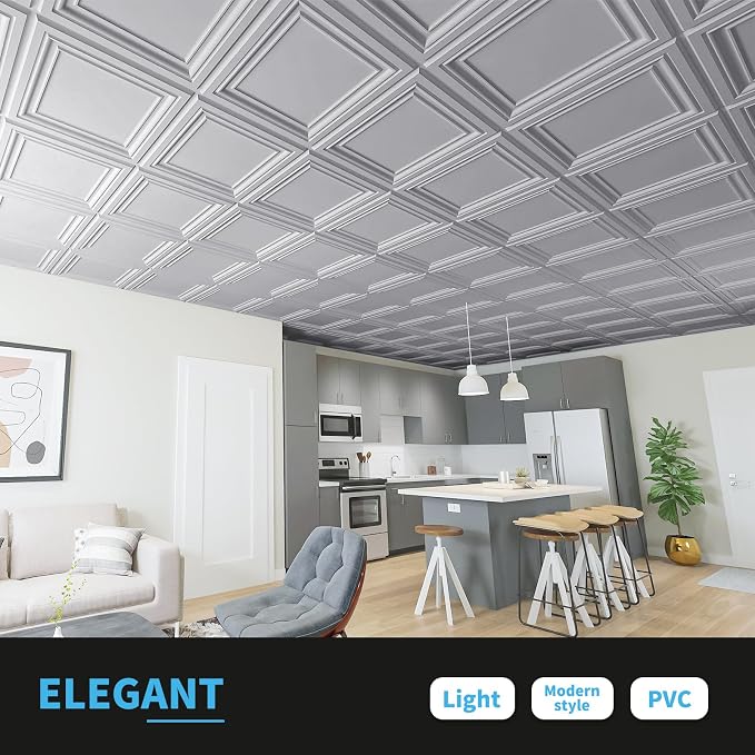 Art3d Paintable 3D Ceiling Tiles, 2 x 2 ft, 13-Pack, Argent Silver | Lightweight, Waterproof, No Sag and Breakage, Compatible with Grid System, Perfect for Basement, Kitchen - Image 2