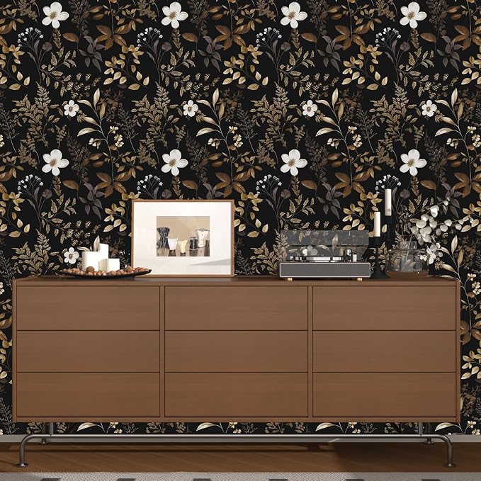 Laatse Floral Leaf Vintage Wallpaper Peel and Stick 17.5"x393", Gold Black | Self Adhesive/Removable/Waterproof/Thick Vinyl Contact Paper for Bathroom Bedroom Shelf Cabinet Drawer,Prepasted,Easy Peel - Image 6