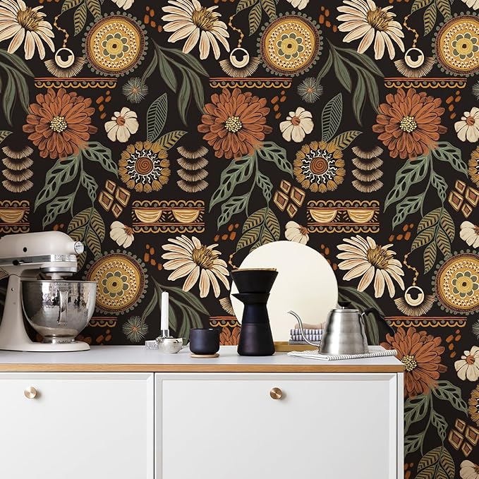 Simon&Siff Boho Floral Peel and Stick Wallpaper 17.3" x 800" | Sun Floral Retro Contact Paper Removable Self Adhesive Contact Paper, Renter Friendly for Cabinets, Furniture, DIY Decor - Image 5