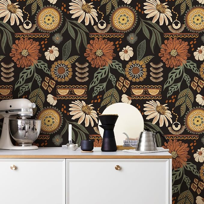 Simon&Siff Boho Floral Wallpaper Peel and Stick 17.3" x 1200" | Sun Floral Retro Contact Paper Removable Self Adhesive Contact Paper, Renter Friendly for Cabinets, Furniture, DIY Decor - Image 5