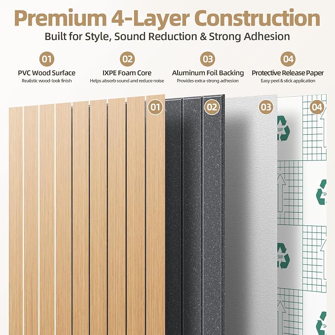 Peel and Stick Wood Slat Wall Panels, 3D PVC Faux Teak Wood Grain Wallpaper | 15.75"x236" Soundproof Wall Panels with Self Adhesive, Wall Coverning for Accent Walls Ceiling Bedroom Bathroom Kitchen Decor - Image 3
