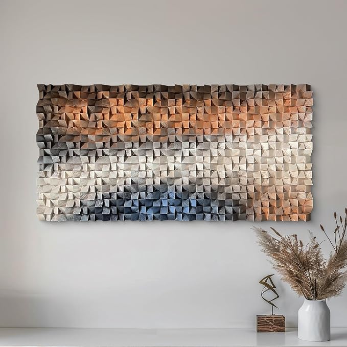 LIUZEYUE Contrasting Pine Relief, Modern Wood Wall Sculpture, Block Relief | 3D geometric wood wall decor; blue gray and ivory, tactile wood mosaic; reception lounge feature-wall anchor; 27.6 x 55.1 in - Image 6