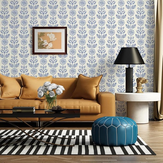 Wudnaye Blue Floral Peel and Stick Wallpaper for Bathroom 17.7in×196.8in | Blue Floral Contact Paper Peel and Stick Vintage Self Adhesive Wallpaper Removable Waterproof Wall Paper for Kitchen Cabinets - Image 4