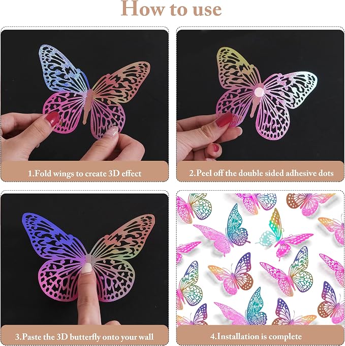 SAOROPEB 3D Butterfly Wall Decor 48 Pcs Laser Purple Butterfly Decorations | 4 Styles 3 Sizes, Birthday Decorations Butterfly Party Decorations Cake Decorations, Removable Stickers - Image 7