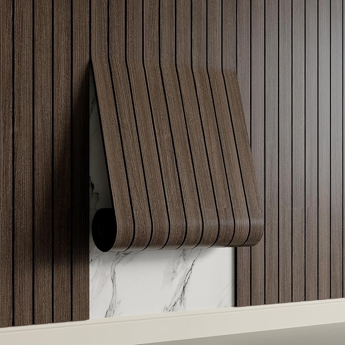 Yutianli PVC Slat Wall Panel Peel and Stick 236"x 15.7" Faux Wood Slat Panel Artificial Smoked Wood Grain Self-Adhesive Soundproof 3D Wall Panel for Walls and Ceilings by Yutianli