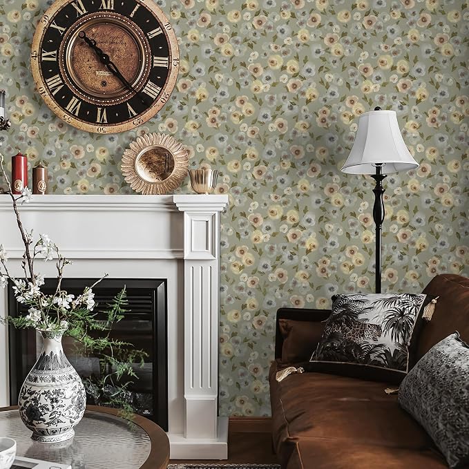 Khaki Watercolor Floral Peel and Stick Wallpaper, 17.3" x 118" Soft Pastel Flower Removable Vinyl Wallpaper, Waterproof Self-Adhesive Vintage Floral Contact Paper for Nursery Bedroom Cabinets - Image 9