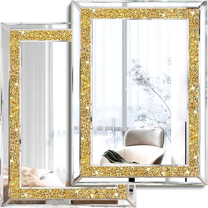 2 Piece Wall Mirrors, Crush Diamond Wall Decor, Gold Color Decorative Mirrors for Living Room, Bedroom, Bathroom. (11'x15') by XIHACTY