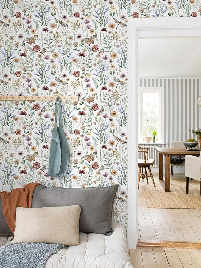 Orainege Vintage Floral Wallpaper Peel and Stick Wallpaper Self Adhesive | 16.9in x 196.8in Butterfly Wallpapers for Bedroom Bathroom Cabinets Decor Removable Vinyl Roll - Image 3