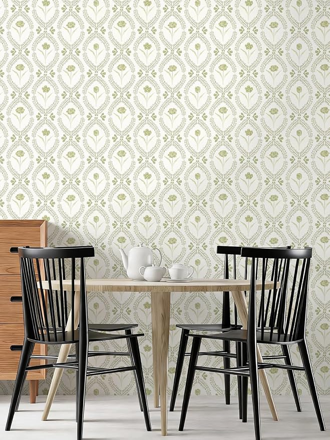 Orainege Peel and Stick Wallpaper Floral Vintage Wallpaper Self Adhesive | 16.9in x118.1in Removable Beige and Green Floral Wallpapers for Living Room Bathroom Shelf Vinyl Roll Decor - Image 4