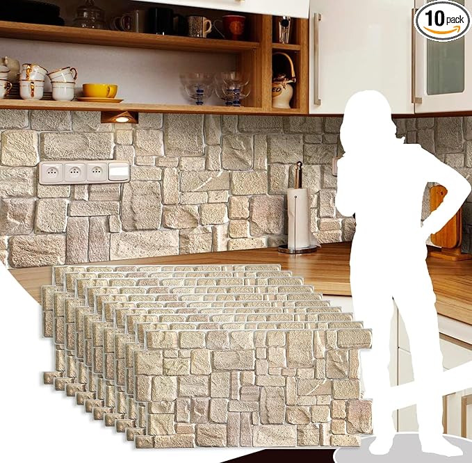 Dundee Deco PG7005-10 Beige Faux Limestone PVC 3D Wall Panel, 3.3 ft X 1.7 ft (98 cm X 50cm), Interior Design Wall Paneling Decor, 5.61 sq. ft. (0.49sq. m) Each, Pack of 10 by DundeeDeco