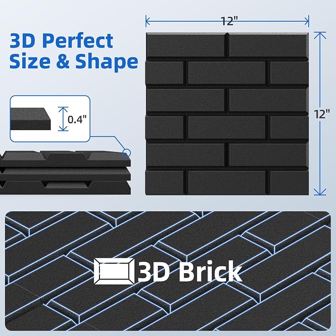22 Pack Acoustic Panels with Self Adhesive Sound Proof Foam Panels for Wall | 12" X 12" X 0.4" High Density Soundproof Wall Panels, Brick Sound Absorbing Panels for Home Studio Office Decor - Black - Image 6