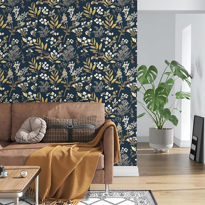 Laatse Vintage Dark Blue Floral Boho Peel and Stick Wallpaper 17.5"x197" | Self Adhesive/Removable/Waterproof/Thick Vinyl Contact Paper for Bathroom Bedroom Shelf Cabinet Drawer,Prepasted,Easy Peel - Image 3