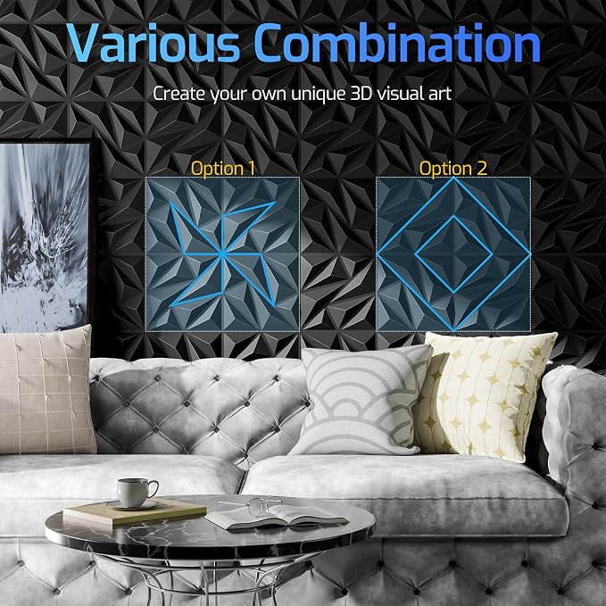3D Wall Panels Black 16 Pack (Covers 15.5 Sq.Ft), 12" x 12" Diamond Texture Premium PVC Wall Tiles for Interior Decor, Waterproof & Paintable Accent Paneling for Gaming Room, Living Room - Image 4