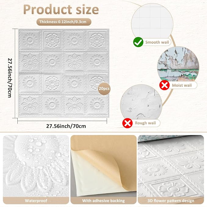 Nuanchu 20 Pcs 27.6 x 27.6 Inch Ceiling Tiles Peel and Stick, Fresh | Foam White 3D Wall Panels 26-105.5 Sq. ft Adhesive Glue up Waterproof Wallpaper for DIY Office Home - Image 2