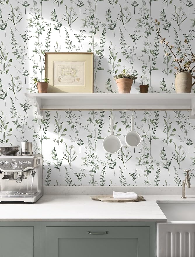 Peel and Stick Wallpaper for Bedroom Green Leaves Self-Adhesive | 393"×17.3" Green and White Wallpaper Fresh Accent Wall Decor with Grid Lines for Bathroom Vinyl Waterproof - Image 8