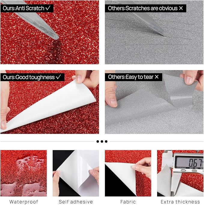 FunStick Ruby Red Glitter Wallpaper Border Self Adhesive Sparkle Red Wall Borders Peel and Stick Red Glitter Contact Paper Decorative Removable Fabric Wallpaper for Bedroom Living Room Craft 3.9"x200" - Image 4