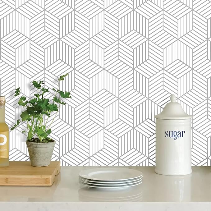 MelunMer White and Silver Peel and Stick Wallpaper Modern 17.7”×393” | Sliver Stripe Wallpaper Self Adhesive Removable Wallpaper Geometric Pattern Hexagon Wallpaper Shelf Drawer Liner Vinyl Film by MelunMer