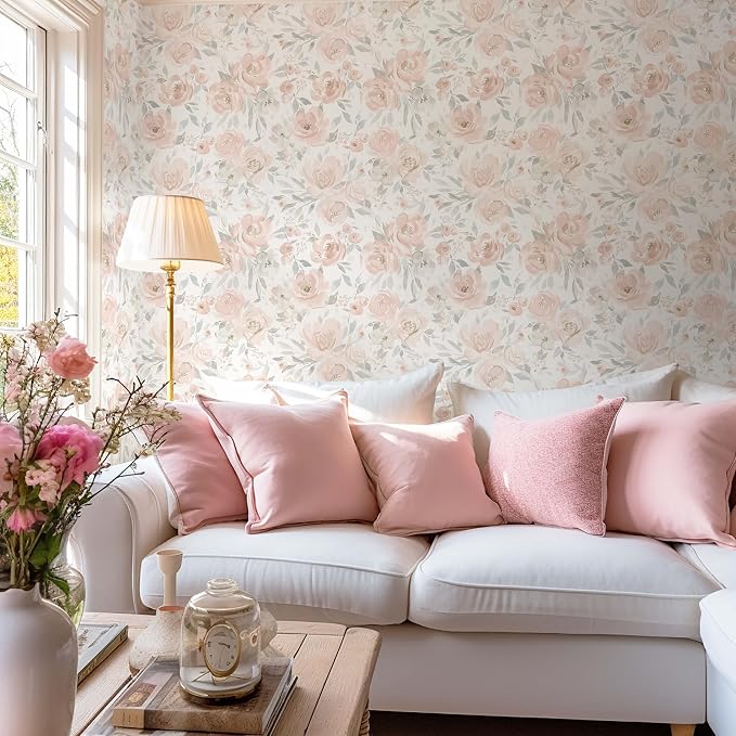 Ismoon Pink Floral Peel Stick Wallpaper Boho Watercolor Stick on Wall Paper | 17.3x393in Watercolor Contact Paper for Cabinet Removable Self Adhesive Vinyl Wallpaper for Girl Bedroom Accent Wall Decor - Image 6