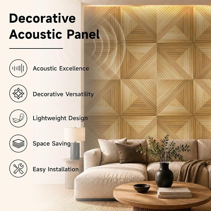 Acoustic Wall Panels, 6-Pack 23.62x23.62 in, Decorative Sound Absorbing Panels, Self-Adhesive for Wall/Ceiling, Noise Reduction Wall Art for Home Studio Office, Natural Oak - Image 4