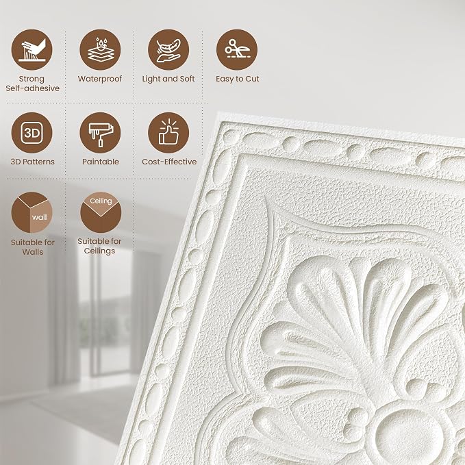 Ceiling Tiles, Ceiling Tiles Peel and Stick Foam, 16 Pcs, Covered 21 Sq.Ft | 3D Wall Panels Peel and Stick, Easy to Use and Cut for Ceiling and Interior Wall Decor, Plain White（13.8 x 13.8 inch） - Image 3