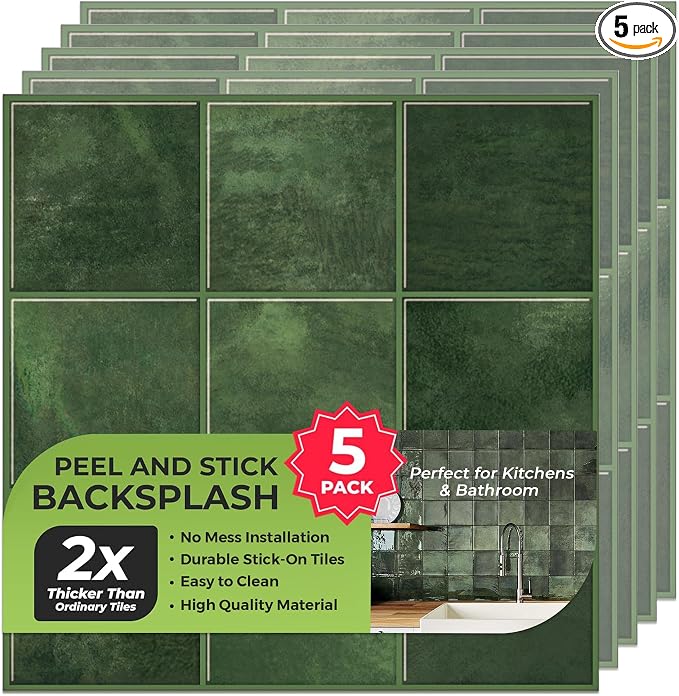 Select 5 Pack Peel and Stick Backsplash Square Tiles, 12x12 in, Green | Extra Thick 3D Wall Panels, Heat & Water Resistant, Easy DIY Kitchen, Bathroom, Laundry, Fireplace & Rental Home Wall Décor by selectlighting
