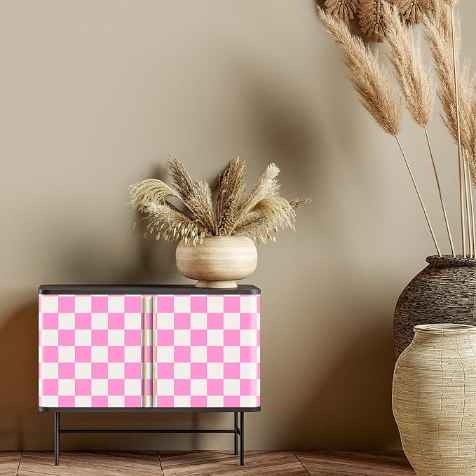 Drydiet Pink Checkered Peel and Stick Wallpaper15.75'' X 197" | Plaid Funky Checkered Contact Paper, Waterproof Contact Wallpaper, Vintage Gingham Decor for Room Bathroom Cabinet, Trendy - Image 3