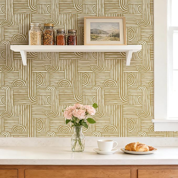 Livelynine 17.5x276 Abstract Modern Wallpaper Peel and Stick Mid Century Modern Geometric Wallpaper for Bathroom Cubicle Bedroom Accent Wall White Gold Contact Paper Drawers Cabinets Renter Friendly - Image 3