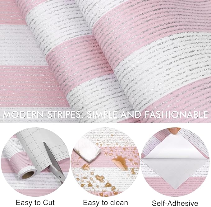 Pink Stripe Peel and Stick Wallpaper A Set of 15.7" x 472" Pink and White Self-Adhesive Wallpaper Removable Waterproof Contact Paper for Cabinets,Bedroom,Nursery,Accent Wall - Image 6