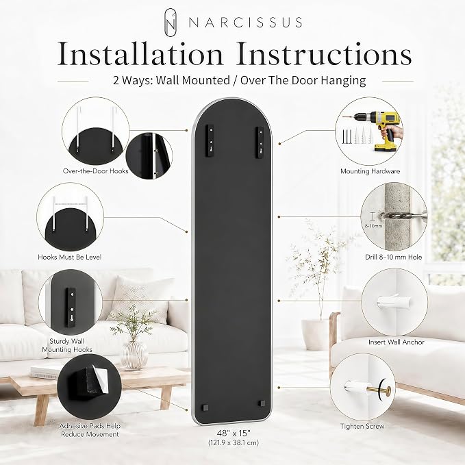 NARCISSUS Over the Door Full Length Mirror 47x14 Inch, Wall Mounted Dressing Mirror, Door Hanging Full Body Mirror HD Reflection Glass for Bedroom, Aluminum Alloy Frame Silver - Image 7