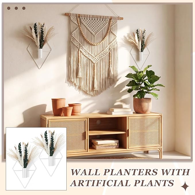 Canlierr 4 Pcs White Wall Decor Hanging Planters with Artificial Plants Eucalyptus Pampas Grass Metal Hanging Vase Indoor Plants Holder Modern Boho Wall Art for Bathroom Bedroom Living Room Decor - Image 7