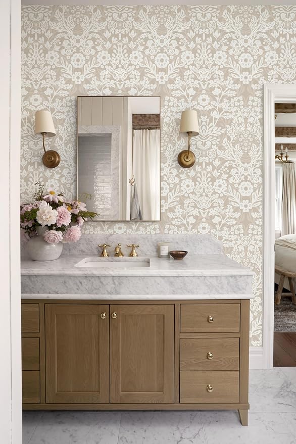Toduso Peel and Stick Wallpaper Boho Beige Wallpaper Floral Contact Paper Removable Self Adhesive Waterproof Wall Paper for Bathroom Bedroom Living Room Thicken Vinyl Roll 17.3" x 393.7" - Image 2
