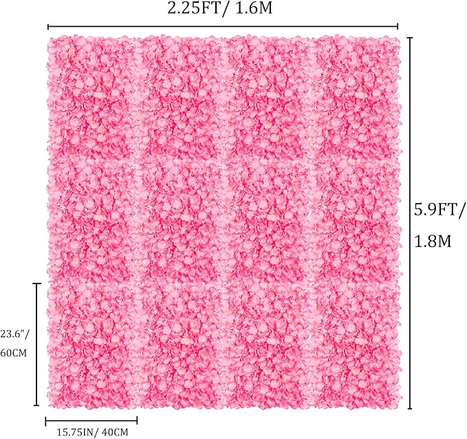 BLOSMON Pink Flower Wall Panel Backdrop Decor, 12 Pcs, 24 x 16 Inch | Hydrangea Artificial Flower Backdrops, for Wedding, Party, Bridal Shower, Hanging Fake Silk Floral Panels for DIY Decor - Image 2