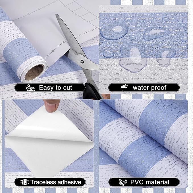 Blue Stripe Peel and Stick Wallpaper 15.7" x 236" | Blue and White Striped Boho Self-Adhesive Contact Paper Removable Waterproof Wallpaper for Bedroom,Cabinets,Drawer Liners - Image 8