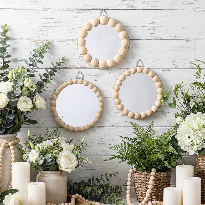 Novabright 3 Pcs Boho Mirror Wall Decor 4.72 Inch Small Round Circle Decorative Mirrors with Wood Bead Hanging Wall Art for Farmhouse Rustic Home Living Room, Bedroom, Bathroom, Entryway - Image 2