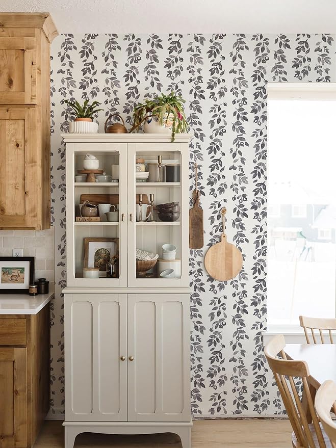 Ismoon Grey Wallpaper Peel and Stick Vintage Wallpaper 17.3in x 78.7ft Dark Grey Leaf Contact Paper Vintage Cottage Wall Paper for Bedroom Bathroom Kitchen Nursery Removable Vinyl - Image 3
