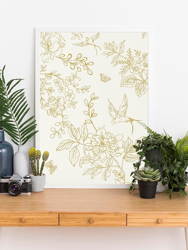 Froluya Cream White and Gold Floral Peel and Stick Wallpaper 17.7in×393.7in | Vintage Floral Birds Self Adhesive Wallpaper Boho Contact Paper Peel and Stick Removable Decorative Wall Paper for Cabinets - Image 7
