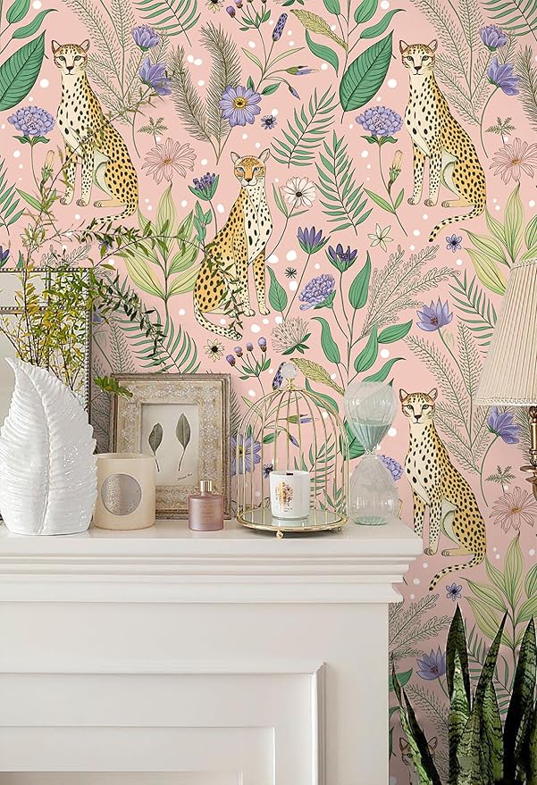 Floralplus Pink Leopard Wallpaper Floral Peel and Stick Wallpaper | Renter Friendly Removable Jungle Animal Wallpapers for Bedroom Stick On Floral Contact Paper for Nursery 17.5 x 118 in - Image 9