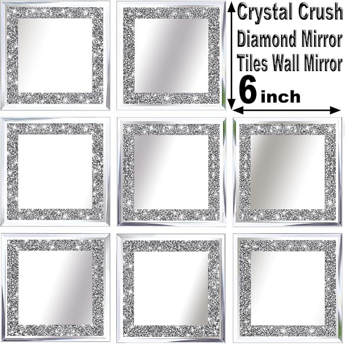 Crush Diamond Mirrors Wall Decor 6inch Mirror Tiles for Crafts, 8 Pack Square Silver Diamond Glass Mirrors for Home Wall Decor, Mosaics DIY. - Image 3