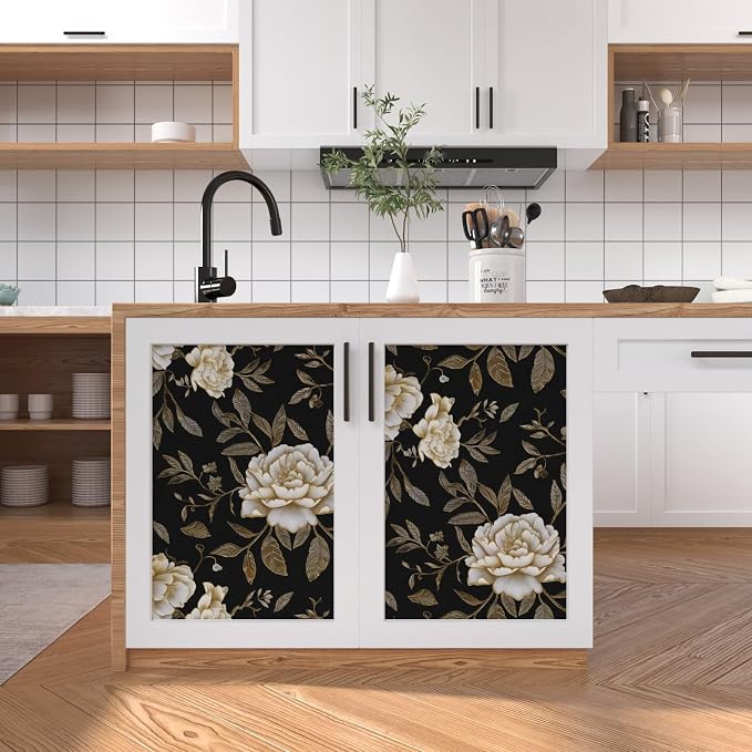 Laatse Dark Golden White Peony Floral Wallpaper Peel and Stick 17.5"x393" | Self Adhesive/Removable/Waterproof/Thick Vinyl Contact Paper for Bathroom Bedroom Shelf Cabinet Drawer,Prepasted,Easy Peel - Image 2