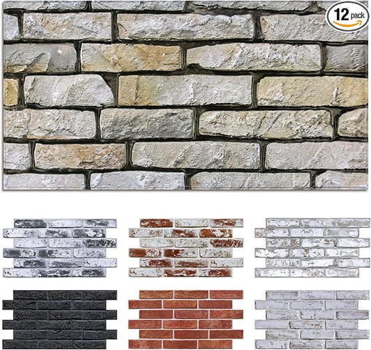 Commomy Peel and Stick Faux Stone 3D Wall Panels 12 pcs of 22.8" x 11.8" | Thin & UrltraLight PVC Printable Brick Wall Panels for Bedroom,Living Room,TV Background (Covers 22.48 sq.ft) by CommomyDecor