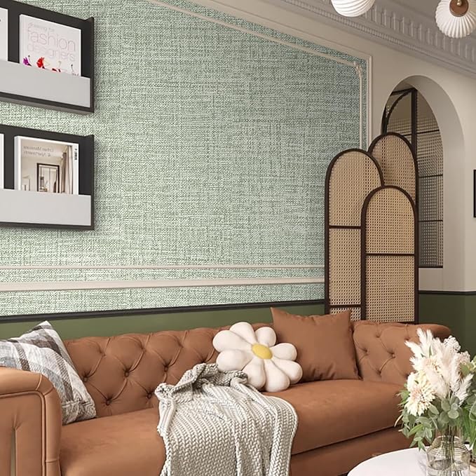 Green Grasscloth Wallpaper 17.3"x160" Faux Linen Textured Contact Paper Removable Self Adhesive Vinyl Wallpaper for Bedroom Bathroom Kitchen Cabinets - Image 7