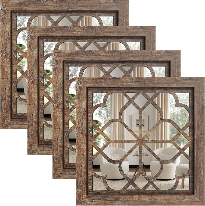 Set of 4 Boho Wall Mirrors with Carved Floral Design, 12x12 Inch Rustic Farmhouse Accent Mirrors, Vintage Style Shatterproof Square Mirror Decor for Living Room, Bedroom，Maroon by HMANGE
