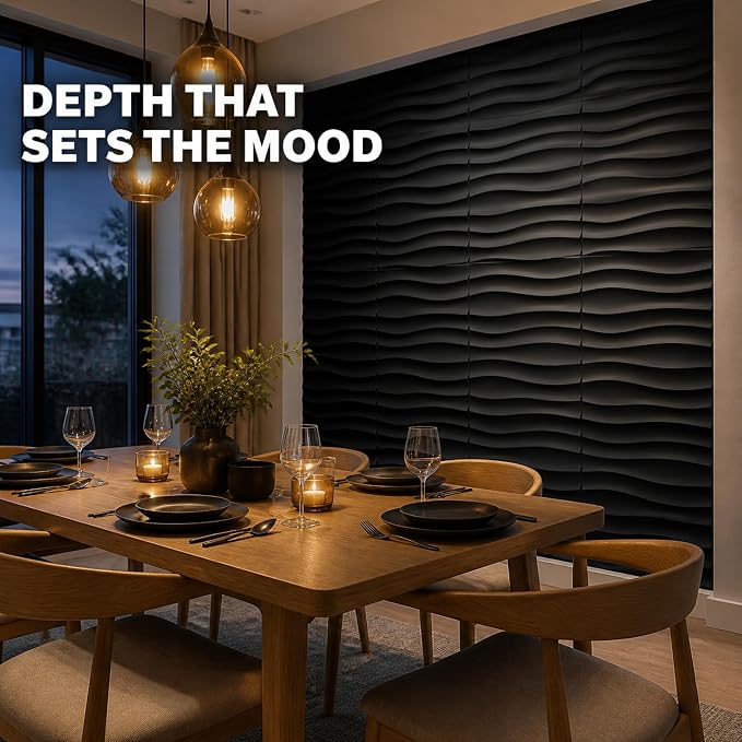 Chunful 30 Pcs 28.81 Sq ft 3D Wall Panels PVC Wave Design,11.8" x 11.8" Wall Panels Brick Wallpaper Waterproof for Interior Living Room Bedroom Decor(Black) | 11.8" x 11.8" Peel and Stick, Wall Panels, Brick, Wallpaper Waterproof, for Interior Living R... - Image 3